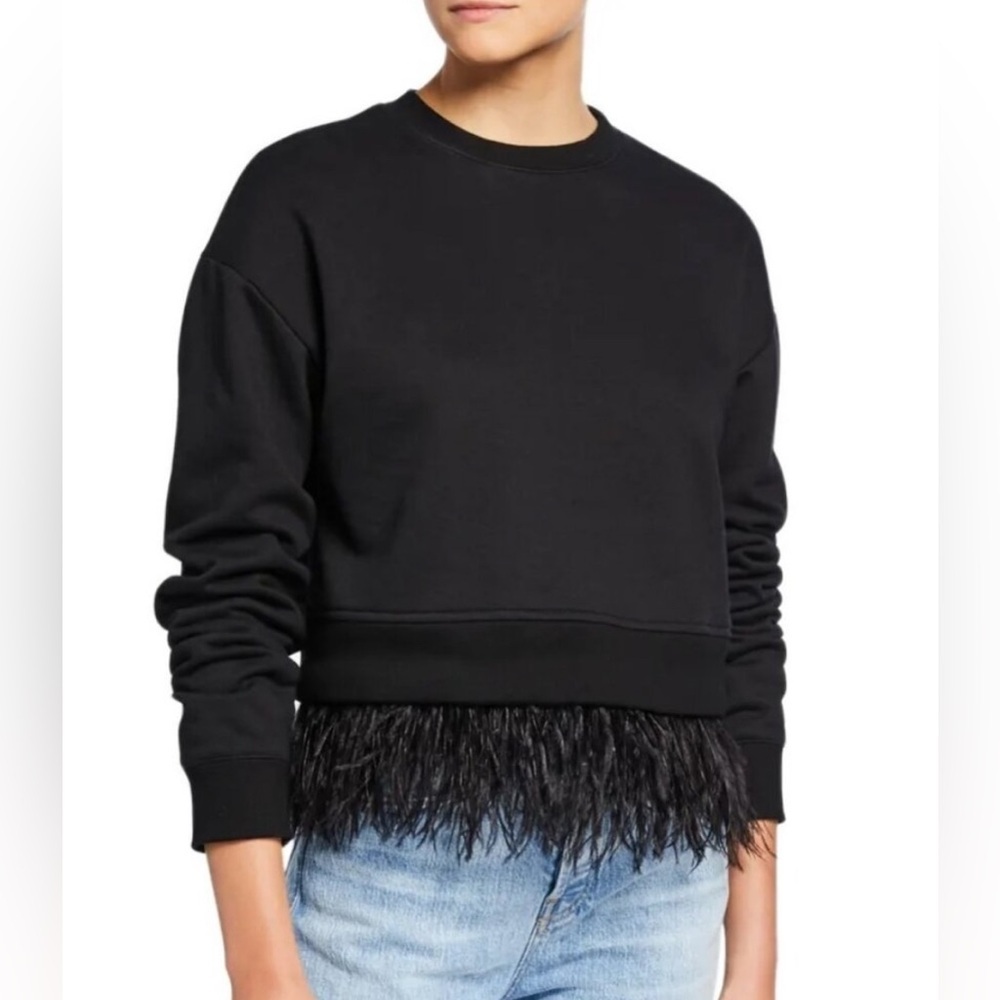 Derek Lam 10 Crosby Black Cropped Crewneck Feather Sweater Sweatshirt Size XS.